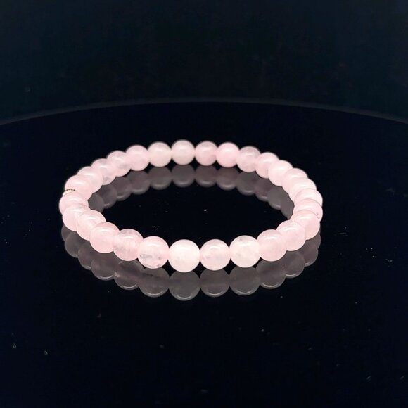 Gemstones Rose Quartz 6mm Stretchable Bracelet 14k Gold Corrugated Bead Charm - Picture 3 of 6